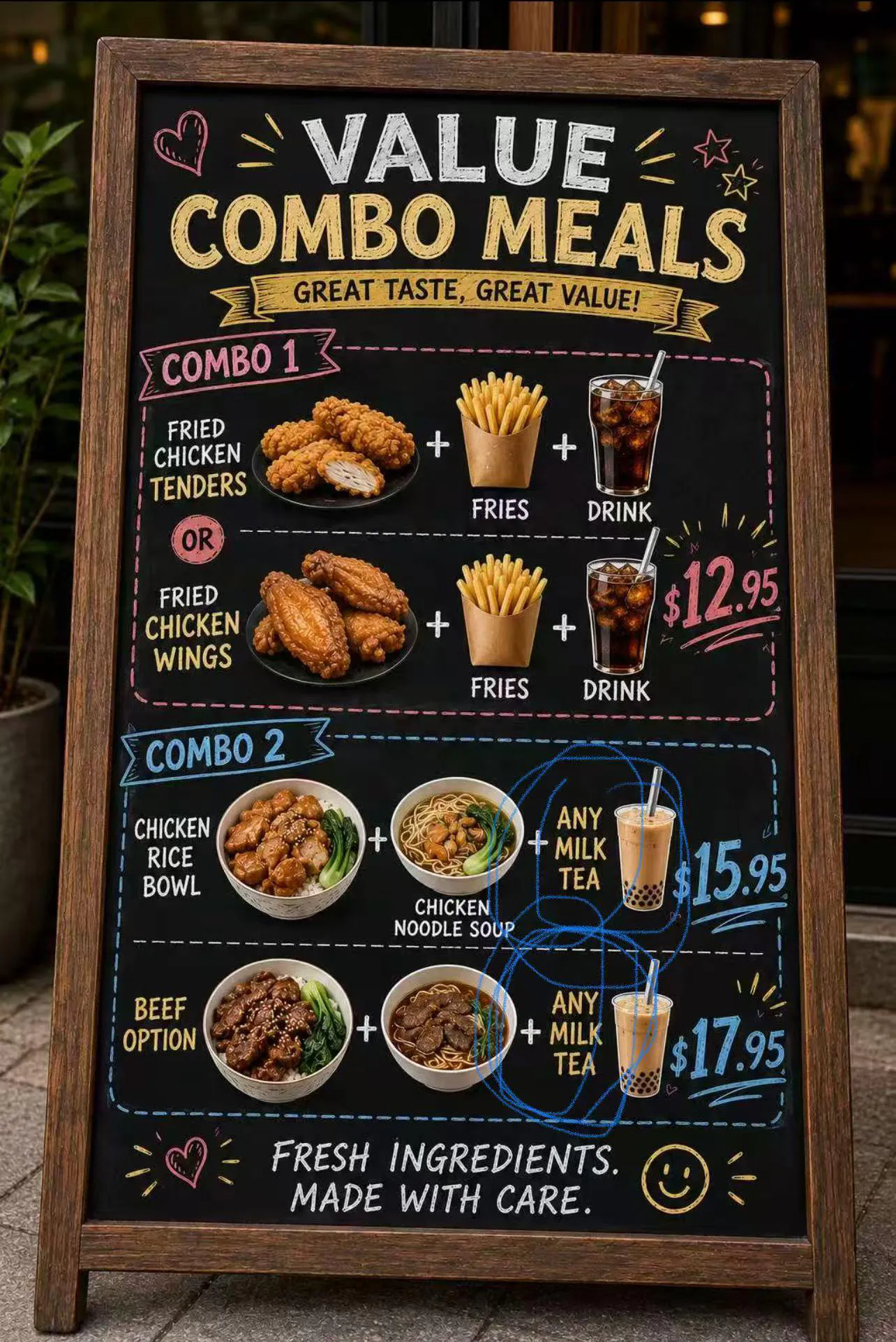 Wooden framed chalkboard value combo meal menu fried chicken rice noodle milk tea pricing at Mochi & Crunch Treats, a Modern Dessert Café in Tupelo